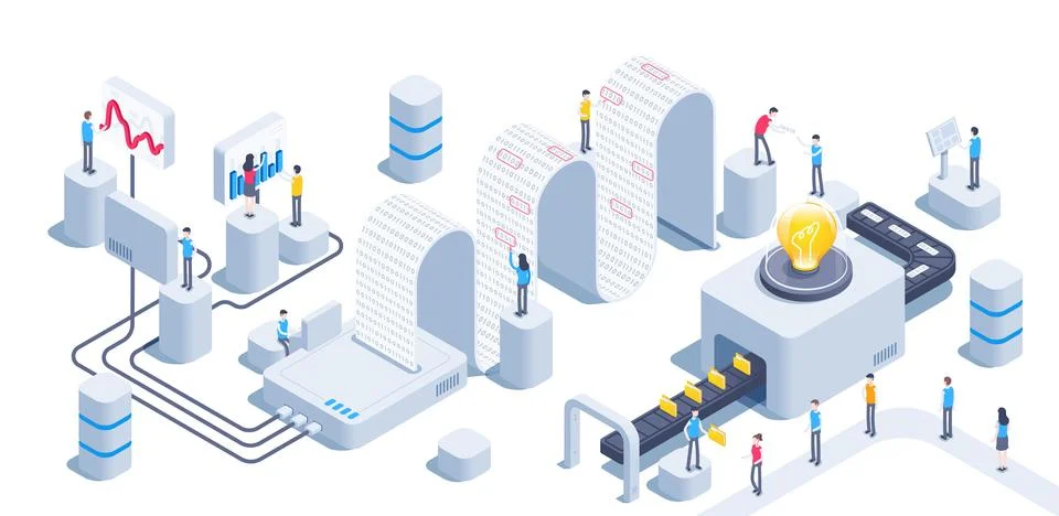 Isometric vector illustration on a white background, data collection and proc Stock Illustration