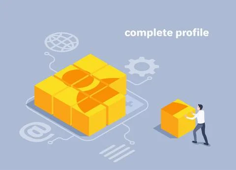Isometric vector illustration on a white background, a man pushes a cube to a Stock Illustration