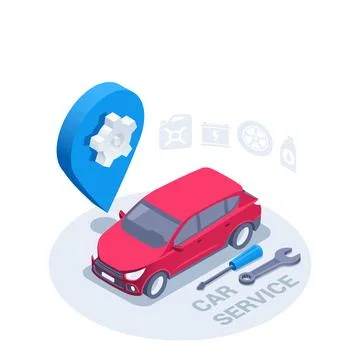 Isometric vector illustration on white background, red passenger car near blu Stock Illustration