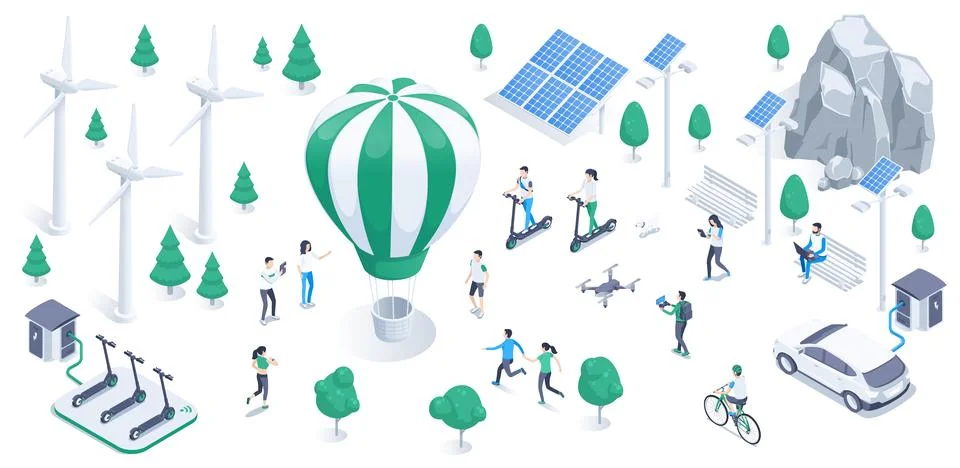 Isometric vector illustration on a white background, wind turbines and solar  Stock Illustration