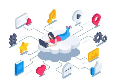 Isometric vector illustration on a white background, a woman lies on a cloud  Stock Illustration