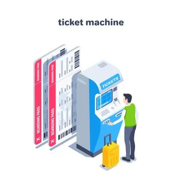 Isometric vector illustration on a white background, a man buys air tickets i Stock Illustration