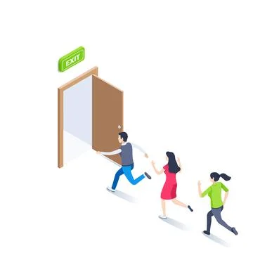 Isometric vector illustration on a white background, an exit sign over an ope Stock Illustration