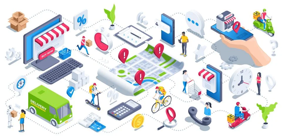 Isometric vector illustration on a white background, a set of icons and sketc イラスト素材
