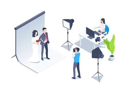 Isometric vector illustration on a white background, a photographer shoots a  イラスト素材