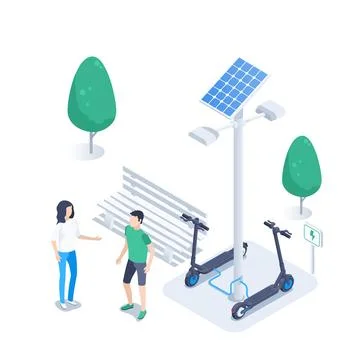 Isometric vector illustration on a white background, electric scooters are ch Stock Illustration
