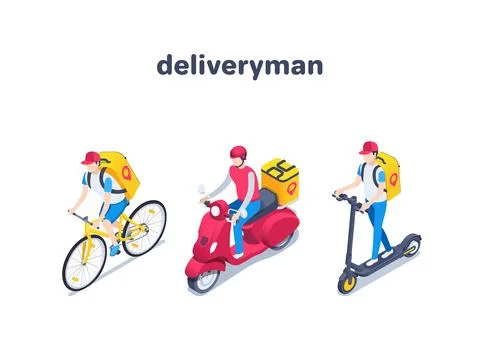 Isometric vector illustration on a white background, a delivery man on a bicy イラスト素材