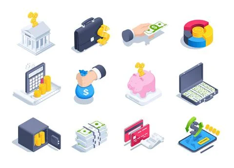 Isometric vector illustration on a white background, a set of icons on the th Stock Illustration