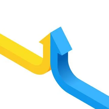 Isometric vector illustration on a white background, yellow and blue arrows u Stock Illustration