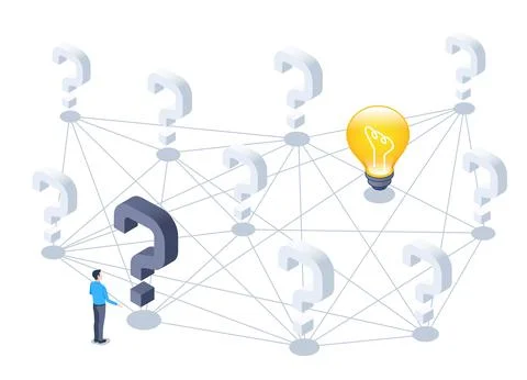 Isometric vector illustration on a white background, a man stands among quest Stock Illustration