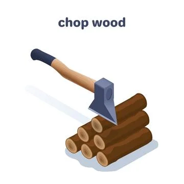 Isometric vector illustration on a white background, an ax and a stack of fir Stock Illustration