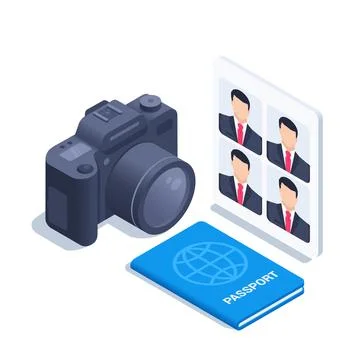 Isometric vector illustration on white background, camera and passport photo Stock Illustration