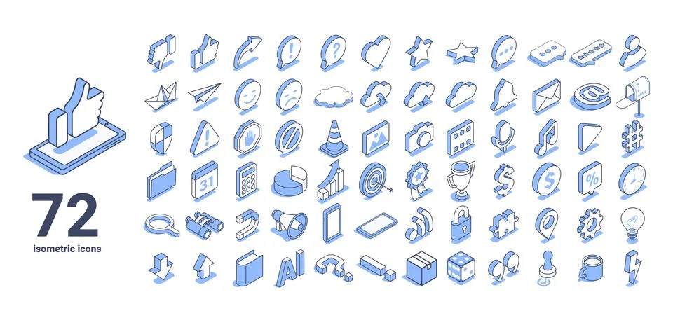 Isometric vector illustration on a white background, a large set of icons on  Illustrazione stock