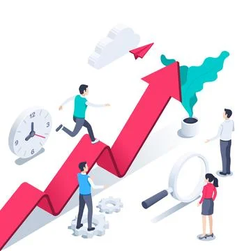 Isometric vector illustration on a white background, a man runs on a growing  Stock Illustration