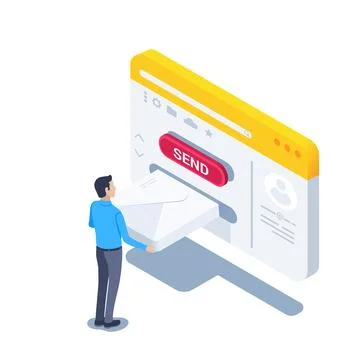 Isometric vector illustration on a white background, a man puts an envelope i Illustrazione stock