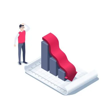 Isometric vector illustration on a white background, a man looks puzzled at a Stock Illustration