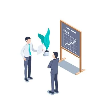 Isometric vector illustration on a white background, a man reads a report fro Stock Illustration