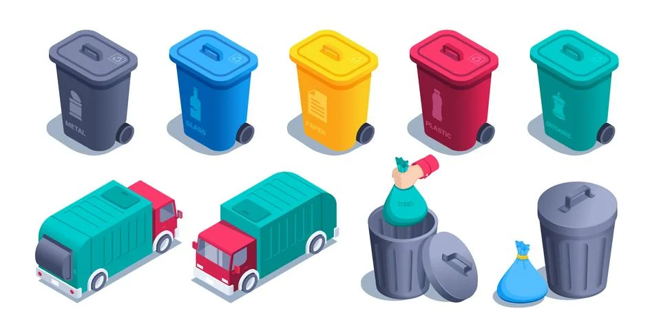 Isometric vector illustration on a white background, a set of trash cans and  Stock Illustration