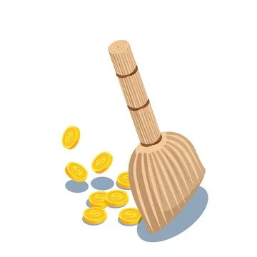 Isometric vector illustration on a white background, a broom sweeps gold coin Stock Illustration
