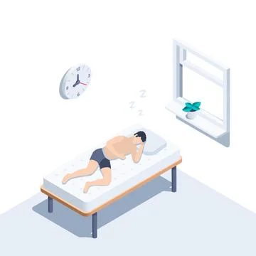 Isometric vector illustration on a white background, a man sleeps on a bed un Stock Illustration