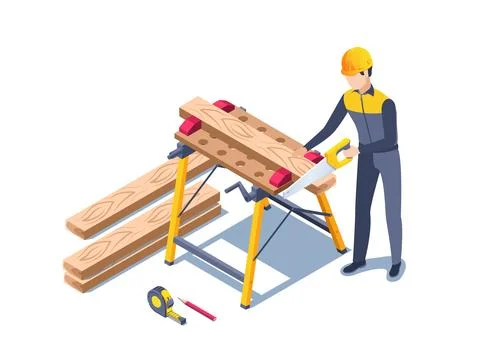 Isometric vector illustration on a white background, a man in a construction  Illustrazione stock