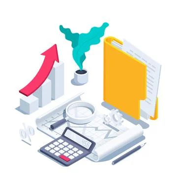 Isometric vector illustration on a white background, a sheet with a graph and Illustrazione stock