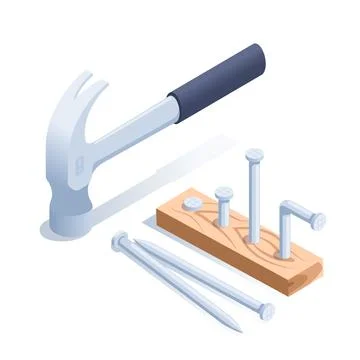 Isometric vector illustration on a white background, a hammer and nails drive Stock Illustration