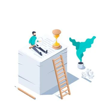 Isometric vector illustration on a white background, a man with a magnifying  Stock Illustration