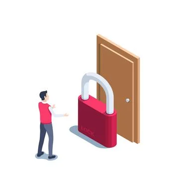 Isometric vector illustration on a white background, a man stands in front of Stock Illustration