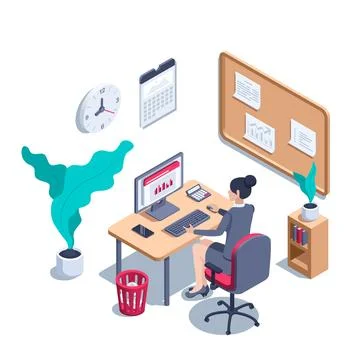 Isometric vector illustration on a white background, a woman in a business su Stock Illustration