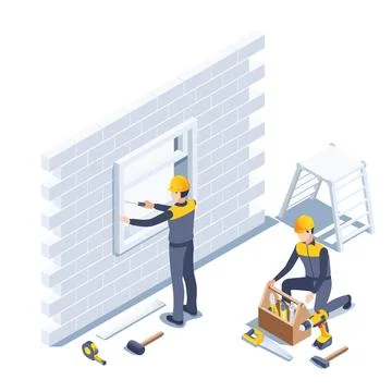 Isometric vector illustration on a white background, men in work clothes with Stock Illustration