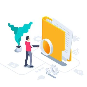 Isometric vector illustration on a white background, a tormentor with a magni Illustrazione stock