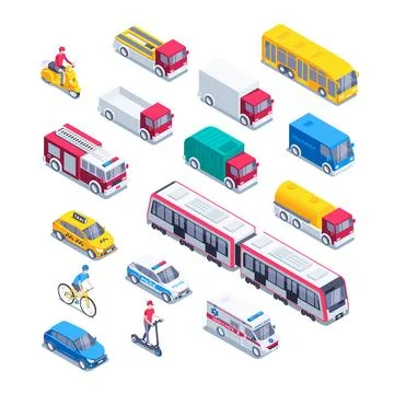 Isometric vector illustration on a white background, a set of city transport, Stock Illustration