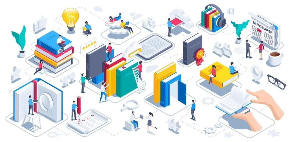 Isometric vector illustration on white background, reading concept, people re Stock Illustration