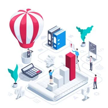 Isometric vector illustration on white background, successful work, women and Stock Illustration