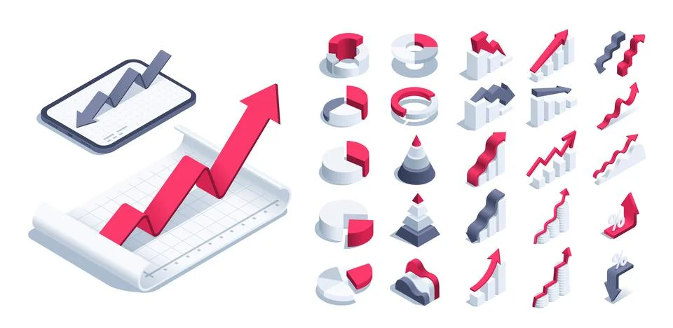 Isometric vector illustration on a white background, a set of charts and arro Illustrazione stock