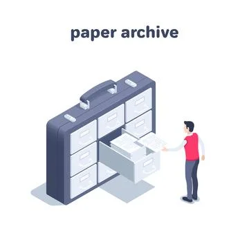 Isometric vector illustration on a white background, a man in a red vest puts Stock-Illustration