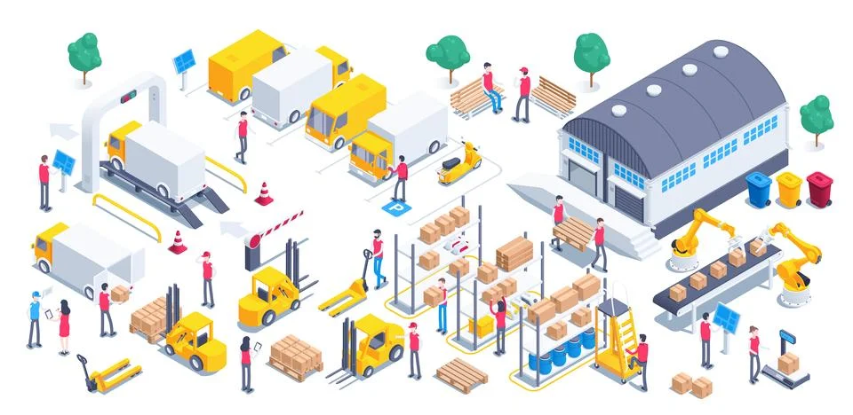 Isometric vector illustration on a white background, people work on with carg Stock Illustration