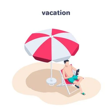 Isometric vector illustration on a white background, a man sunbathing with a  Stock Illustration