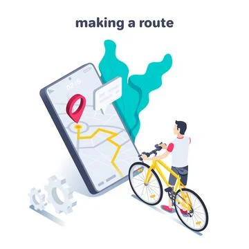 Isometric vector illustration on a white background, a guy with a bike stands Ilustração Stock