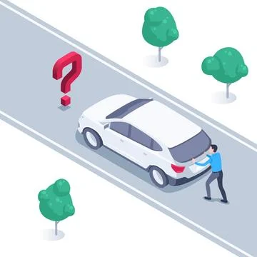 Isometric vector illustration on a white background, a man on the road pushin 스톡 일러스트