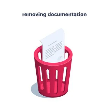 Isometric vector illustration on a white background, a red trash can and a pa Stock Illustration