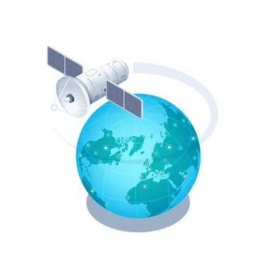 Isometric vector illustration on a white background, a satellite flies in orb Stock Illustration
