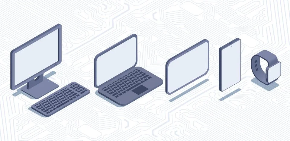 Isometric vector illustration on a white background, set of digital electroni Stock Illustration