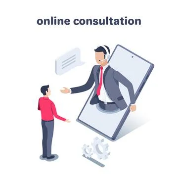 Isometric vector illustration on a white background, a man talking to a consu Stock Illustration