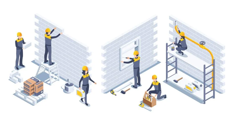 Isometric vector illustration on a white background, people in overalls work  Stock Illustration