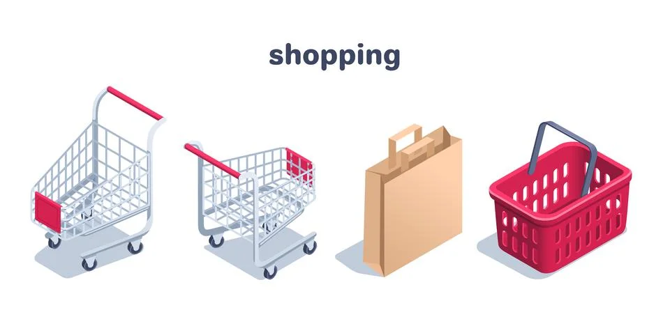 Isometric vector illustration on a white background, a set of shopping carts  Stock Illustration