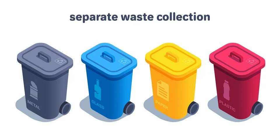 Isometric vector illustration on a white background, a set of garbage cans of Stock Illustration