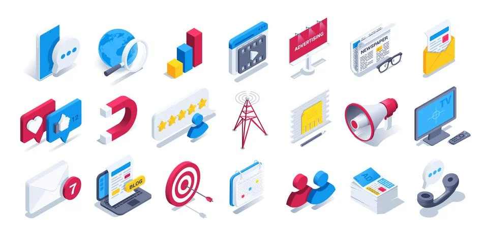 Isometric vector illustration on a white background, a set of icons on the th Stock Illustration