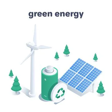 Isometric vector illustration on a white background, a wind generator next to Stock Illustration